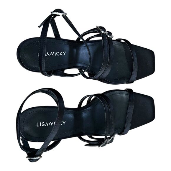 Lisa Vicky Black Satin Babe Strappy Platform Block Heel Sandals 8 - Picture 2 of 5